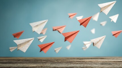 Creative Email Inbox Concept Featuring Paper Planes Soaring in a Clear Sky Above a Rustic Wooden Surface During a Bright Day