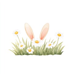 Adorable Watercolor Bunny Ears Peek From Daisies and Grass, a Charming Springtime Scene of Playful Innocence.