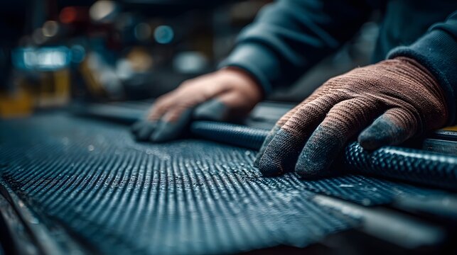 Aerospace composite material technician applying carbon fiber layup