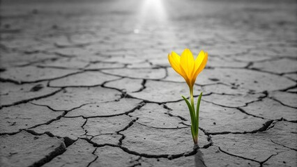 Yellow flower on cracked earth background. Concept of drought and climate change