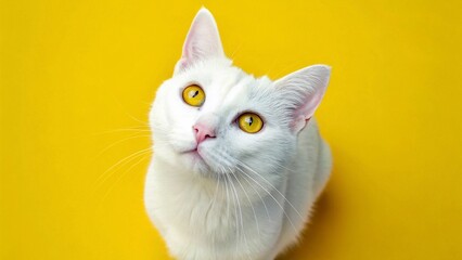 White cat with yellow eyes on a yellow background. Close-up.