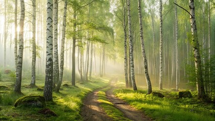 Morning in the birch grove with morning fog and sun rays
