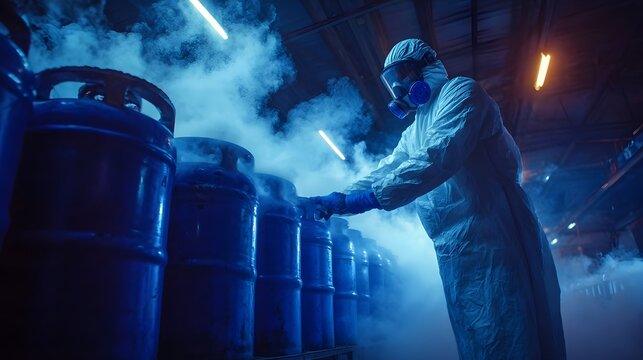 Cryogenics lab technician handling liquid nitrogen storage tanks