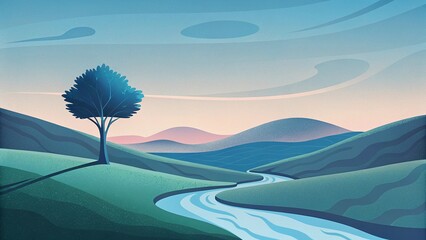 Landscape with a river and a tree in the hills. Vector illustration.