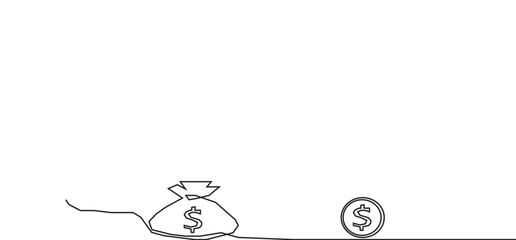 minimalist continuous one line drawing illustration of a realistic bag With Coin