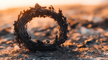 Nature's Rustic Circle: Close-Up of Twisted Wire on Sunset Beach