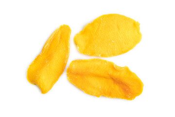 Dried Mango isolated on white on brown wooden. Top view, close up