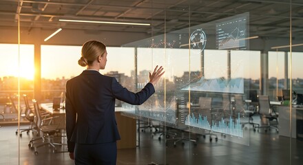 A businesswoman in a suit interacts with a transparent display showing data visualizations in a modern office setting at sunset.