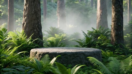 Stone pedestal in the forest with fog and ferns.