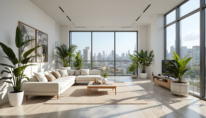 Minimalist Apartment Living Room with Greenery and City Panorama
