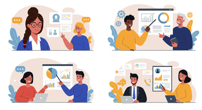 Diverse Team Presenting Data Analysis and Business Strategy in Modern Office Setting, work environment, team collaboration, project management, data visualization, information sharing, 