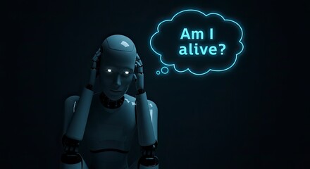 Existential Robot: AI Contemplating Life with Glowing Eyes and Thought Bubble