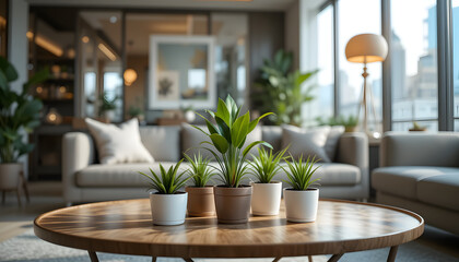 Modern open-plan home interior featuring a living and dining room with a wooden table, stylish chairs, and decorative plants