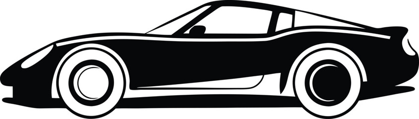 Sleek Black and White Car Silhouette Depicting a Classic Sports Coupe Design with Bold Circular Wheel Accents