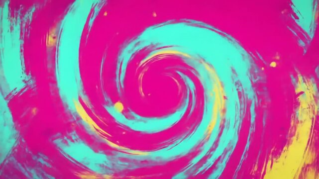 A vibrant swirl of pink, turquoise, and yellow paint creating an abstract circular design pattern art