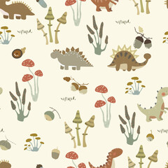 Fototapeta premium Hand drawn pattern with cute dino world, animals and cartoon nature mushrooms, dots, acorns. Vector illustration with hand drawn animals , fall pattern.