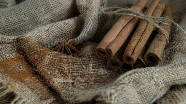 Cinnamon sticks on burlap fabric