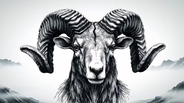 Majestic Ram's Head Intricate Chaotic Drawing Misty Mountain Backdrop Monochrome Palette Texture