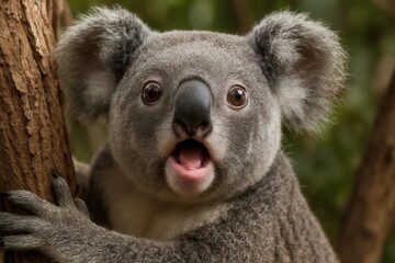 Naklejka premium A playful koala peeks out from its tree hide, eyes wide with curiosity