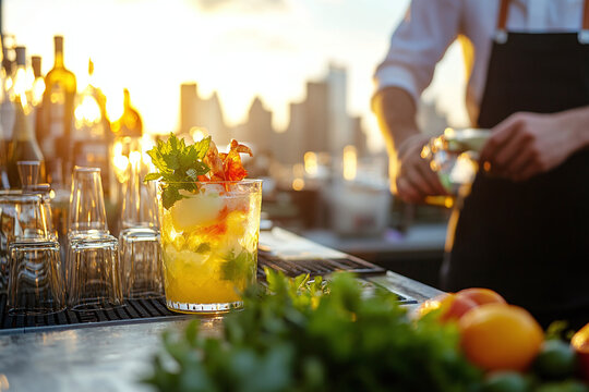 Evening cocktails party at a rooftop bar with stunning city views and a vibrant sunset glow.