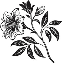 Elegant Floral Vector Design Featuring a Blooming Flower with Leaves and Stem in Black and White