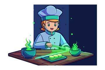 A cartoon chef with orange hair and a blue chef hat is preparing a glowing green dish with chopsticks on a wooden table