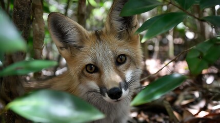 Fox Looking Through Green Leaves