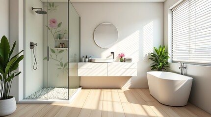 Chic bathroom with shower, bathtub, and natural light
