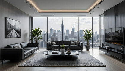 Elegant Living Space with Greenery and City Panorama