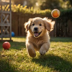 Playful puppy chasing colorful balls outdoors.