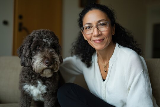Smiling hispanic female adult with dog in cozy home setting