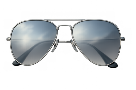Sleek aviator sunglasses mirroring cloudy sky, transparent background highlighting modern eyewear design for travel aesthetic