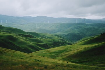 Fototapeta premium Rolling green hills under a cloudy sky, powered by wind turbines in a renewable energy landscape