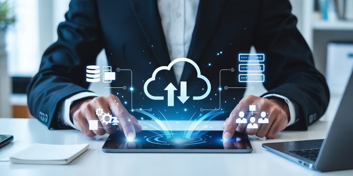 Businessman managing corporate data with cloud computing technology on a tablet