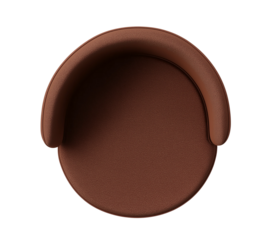 Top view of a brown felt, round-shaped chair with armrests and rounded edges, set against a white background