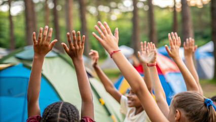 Camping kids outdoor campfire trip. Children raising hands at outdoor campsite, colorful tents, summer forest, joyful group activity. Child summer vacation fun activity, children adventure travel