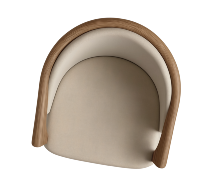 Top view of an oak dining chair with curved arms, white background, high-resolution photography, product design photo shoot, ultra-realistic, highly detailed.