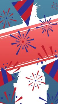Animation of celebration corns and fireworks over statue of liberty