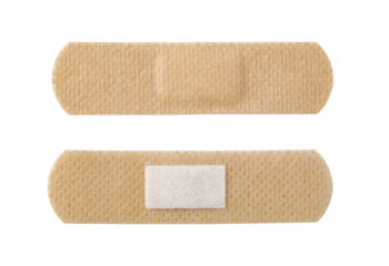 Two adhesive bandages on transparent background, showing different sides
