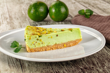 Green pistachio cheesecake served mint