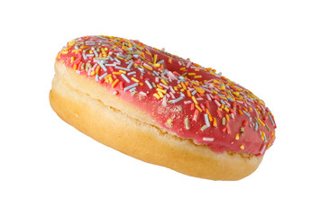 Delicious donut rotating with pink icing and colorful sprinkles on transparent background