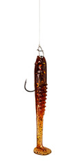 Brown soft plastic fishing lure hanging on a fishing line with transparent background