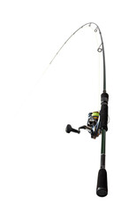 Fishing rod with spinning reel bent under tension on transparent background