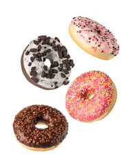 Four assorted donuts falling on transparent background