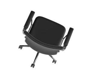 The back of an office chair with black leather and chrome legs, seen from above, white background,