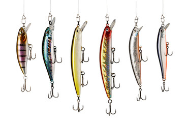 Fototapeta na wymiar Colorful fishing lures hanging with transparent background