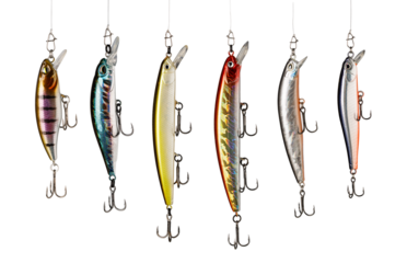 Colorful fishing lures hanging with transparent background