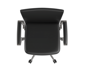 The back of an office chair with black leather and chrome legs, seen from above, white background,