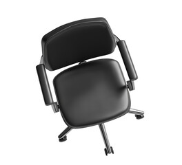 The back of an office chair with black leather and chrome legs, seen from above, white background,