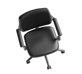 The back of an office chair with black leather and chrome legs, seen from above, white background,